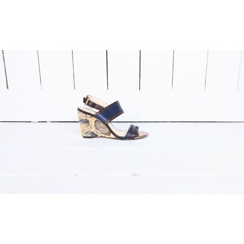 VC Signature open toe leather wedge sandals studded leather reptile snake print